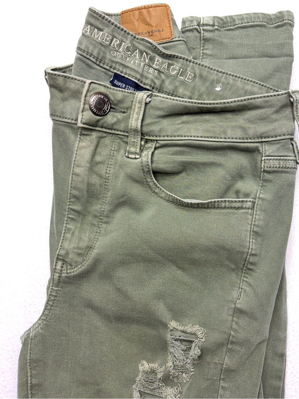 American Eagle Hi Rise Jeggings Womens 6 Olive Green Distressed Stretch